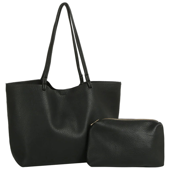 2-in-1 Soft PU Leather Tote Shoulder Bag - Black - Shoulder Bags