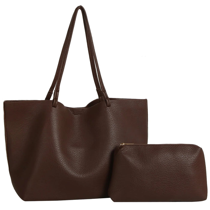 2-in-1 Soft PU Leather Tote Shoulder Bag - Coffee - Shoulder Bags