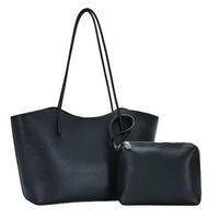 Black faux leather 2in1 large textured shoulder bag with matching zipper pouch set