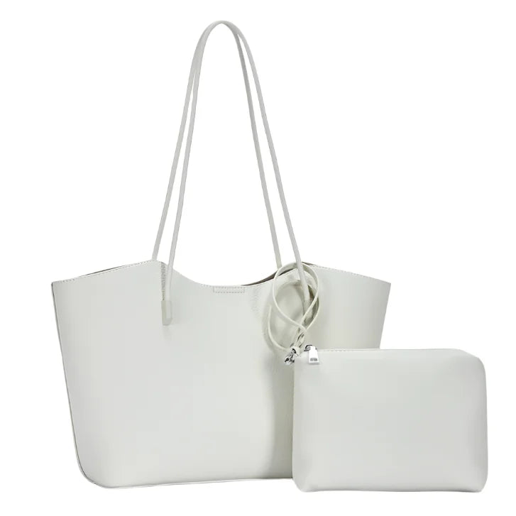 White tote bag with attached zipper pouch from 2in1 large textured shoulder bag set