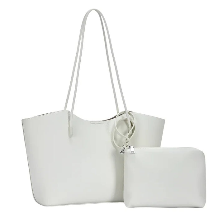 White tote bag with attached zipper pouch from 2in1 large textured shoulder bag set