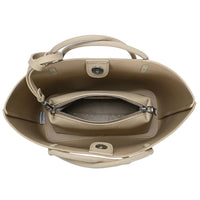 Beige tote bag with smooth textured finish and integrated zipper pouch for versatile use