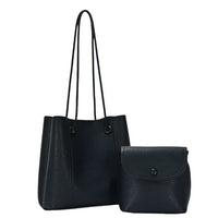 Black faux-leather 2in1 smooth tote bag crossbody set with matching pouch