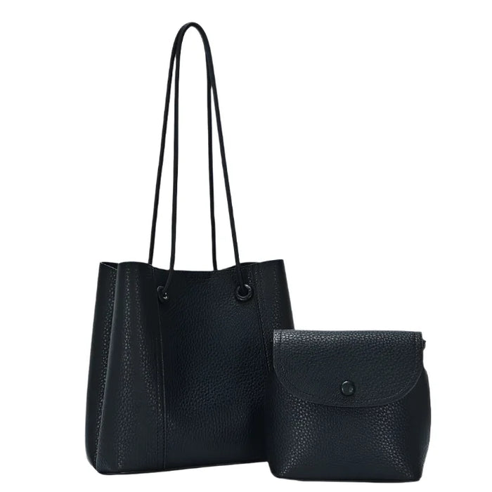Black faux-leather 2in1 smooth tote bag crossbody set with matching pouch