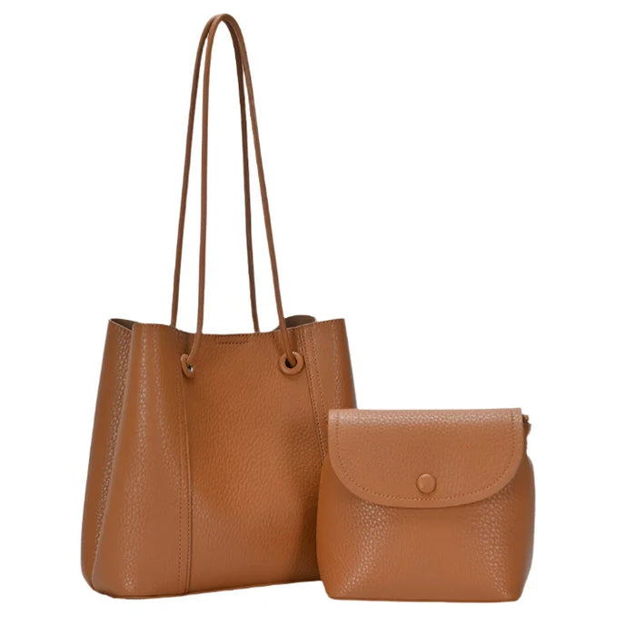 Tan leather 2in1 smooth tote bag crossbody set with matching flap purse for versatile style