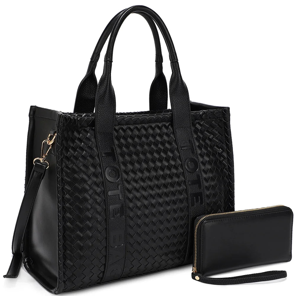Black woven design tote bag with matching wallet from 2in1 woven design set