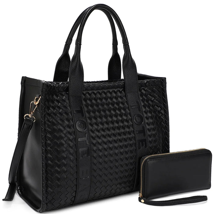 Black woven design tote bag with matching wallet from 2in1 woven design set
