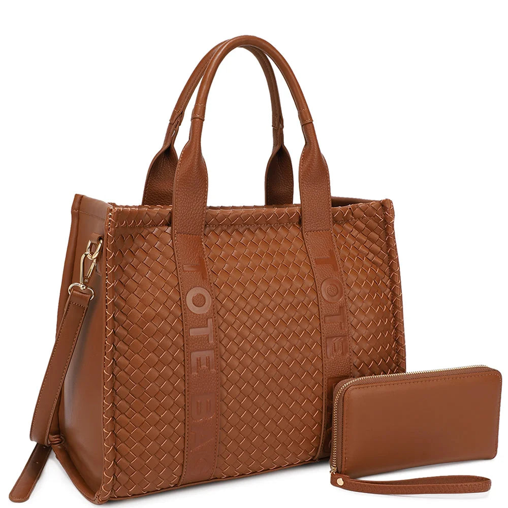 Brown woven design tote bag with matching wallet from 2in1 woven design set