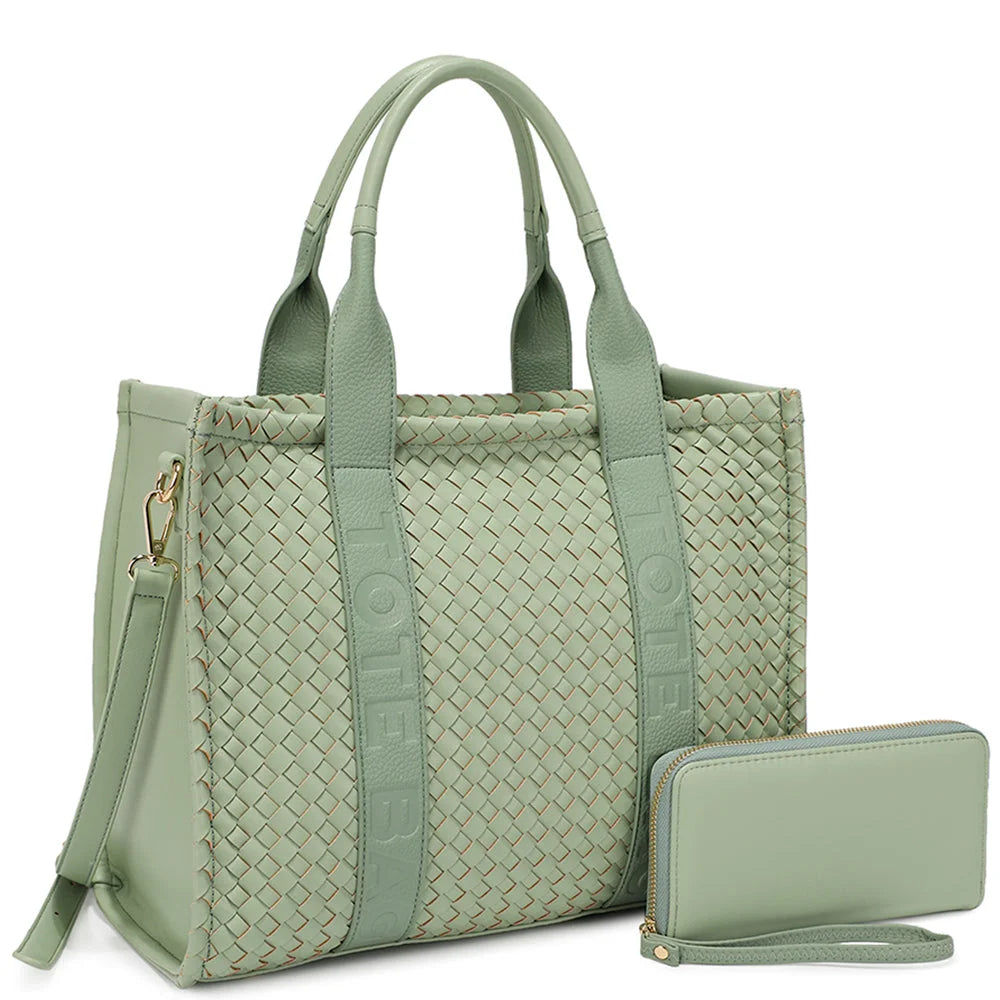 Woven design tote bag with matching wallet 2in1 woven design fashion set