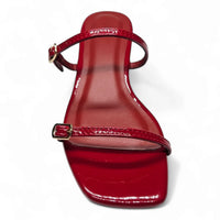 Red patent leather Airy Double Band Low Heel sandals with thin straps and buckles