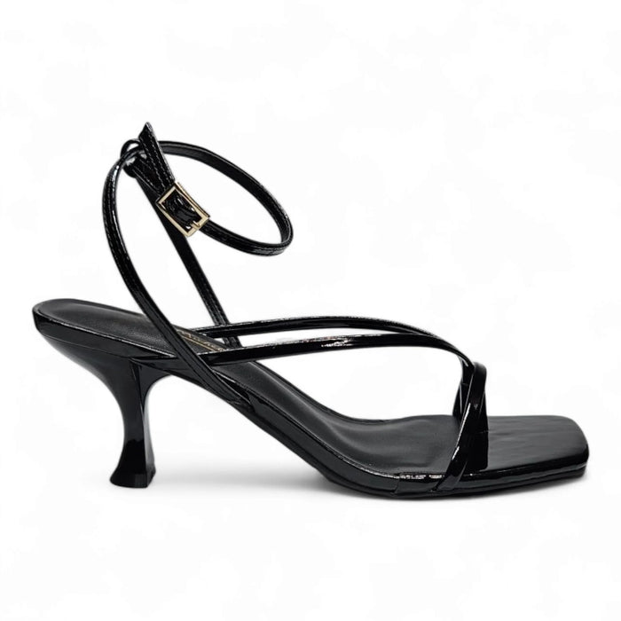 Black patent leather Align Thong Ankle Strap Kitten Heel sandal with ankle strap kitten style