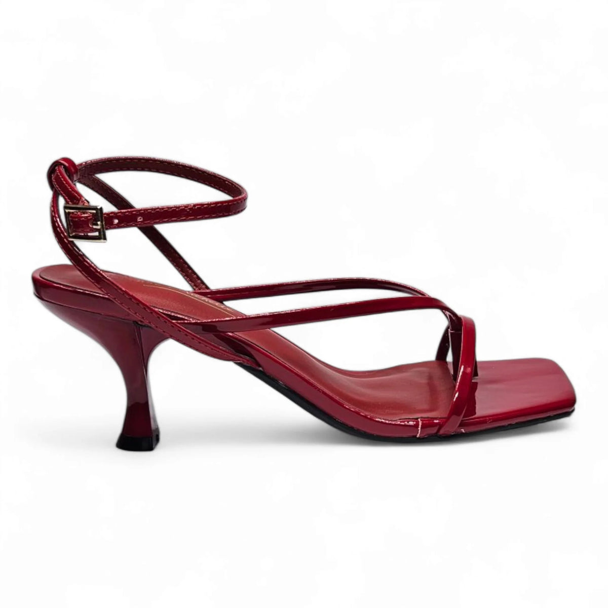 Red patent leather Align Thong Ankle Strap Kitten Heel sandal with strappy ankle strap