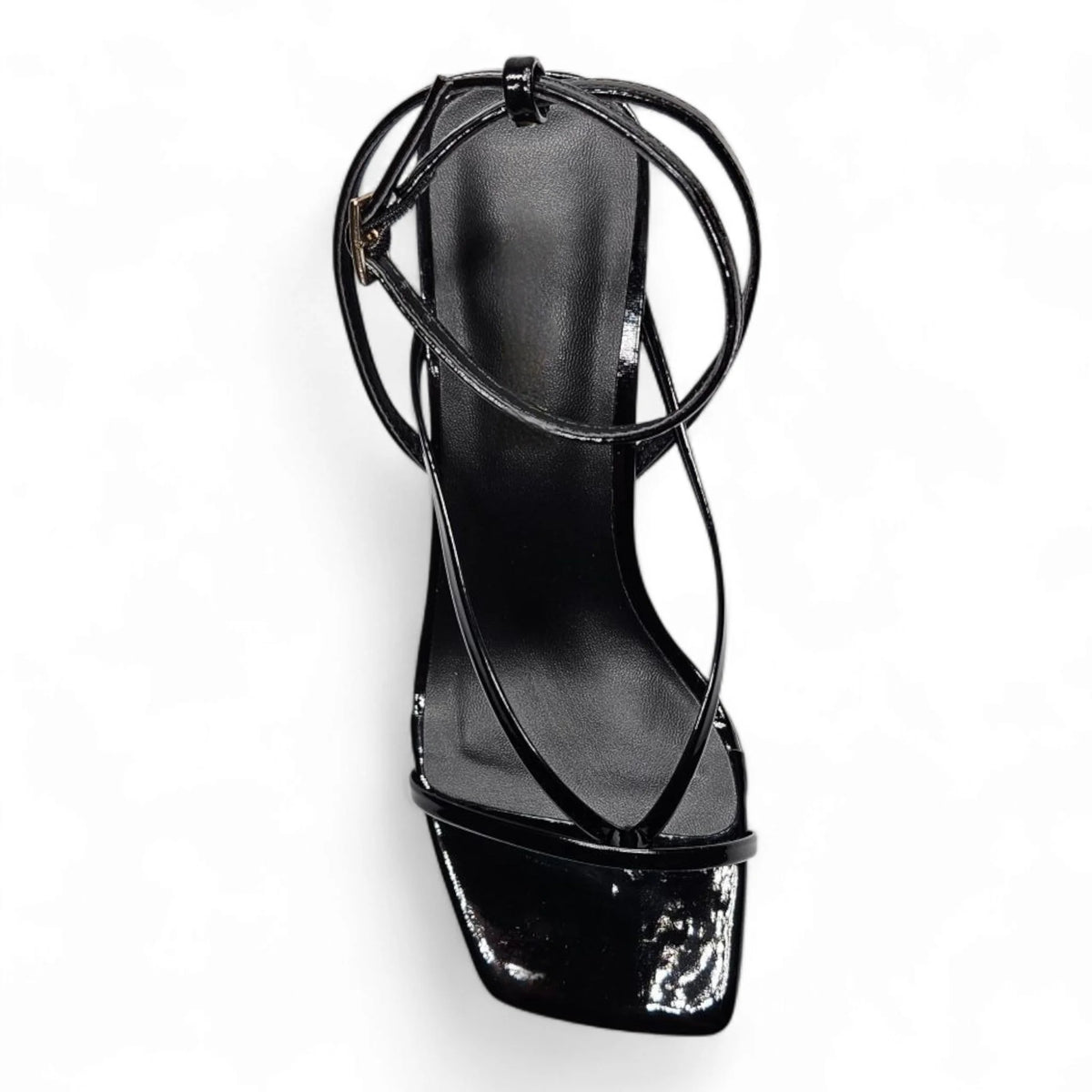 Black patent leather align thong ankle sandal with strap and ankle strap kitten heel
