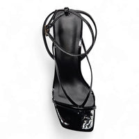Black patent leather align thong ankle sandal with strap and ankle strap kitten heel