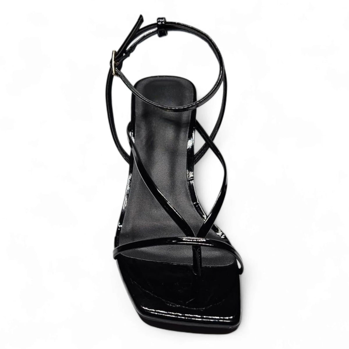 Black patent leather align thong ankle sandal with ankle strap kitten heel