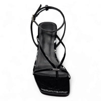 Black patent leather align thong ankle sandal with ankle strap kitten heel