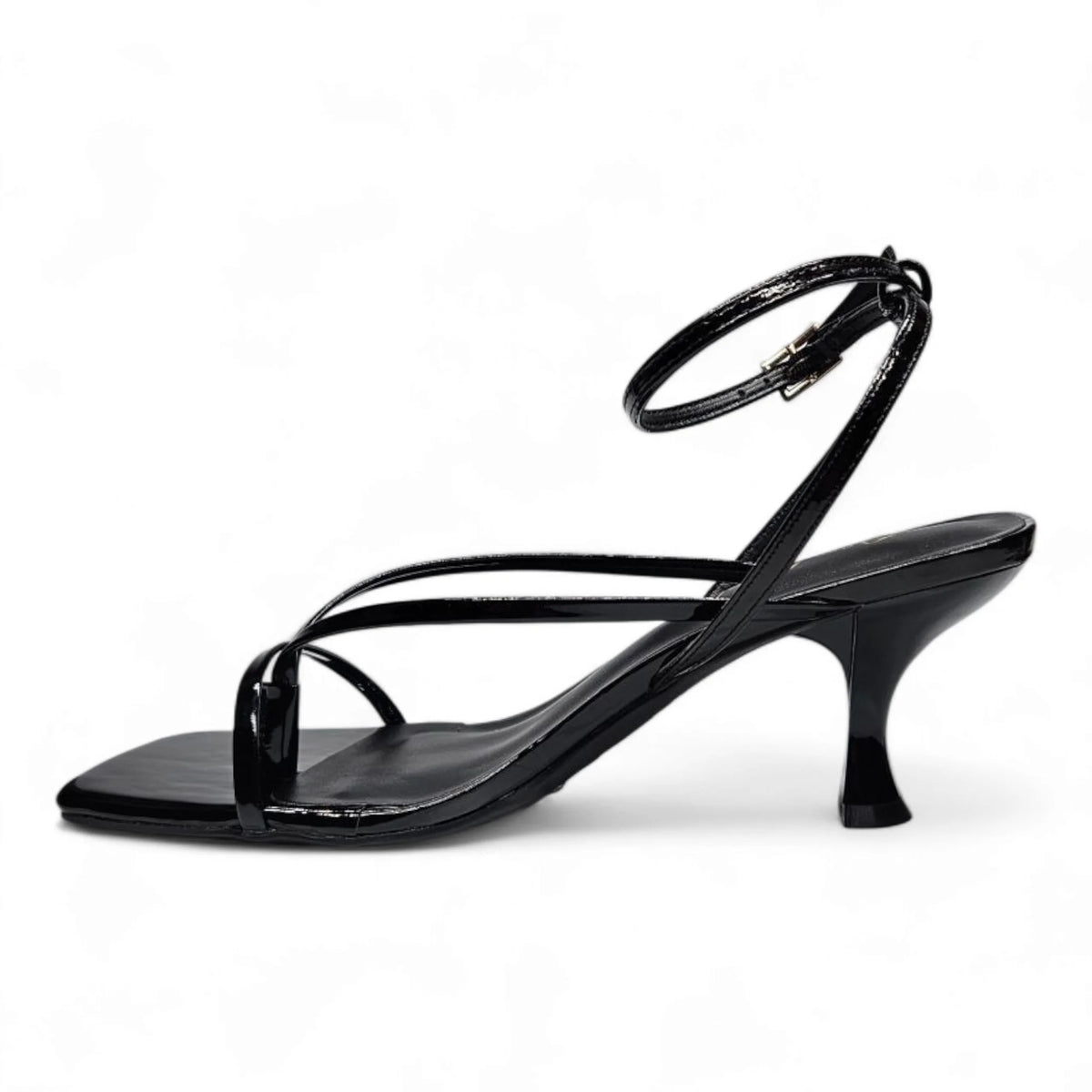 Black patent leather align thong ankle sandal with strappy ankle strap kitten heel