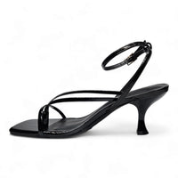 Black patent leather align thong ankle sandal with strappy ankle strap kitten heel