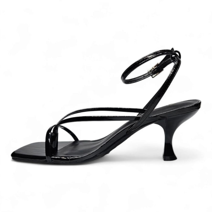 Black patent leather align thong ankle sandal with strappy ankle strap kitten heel