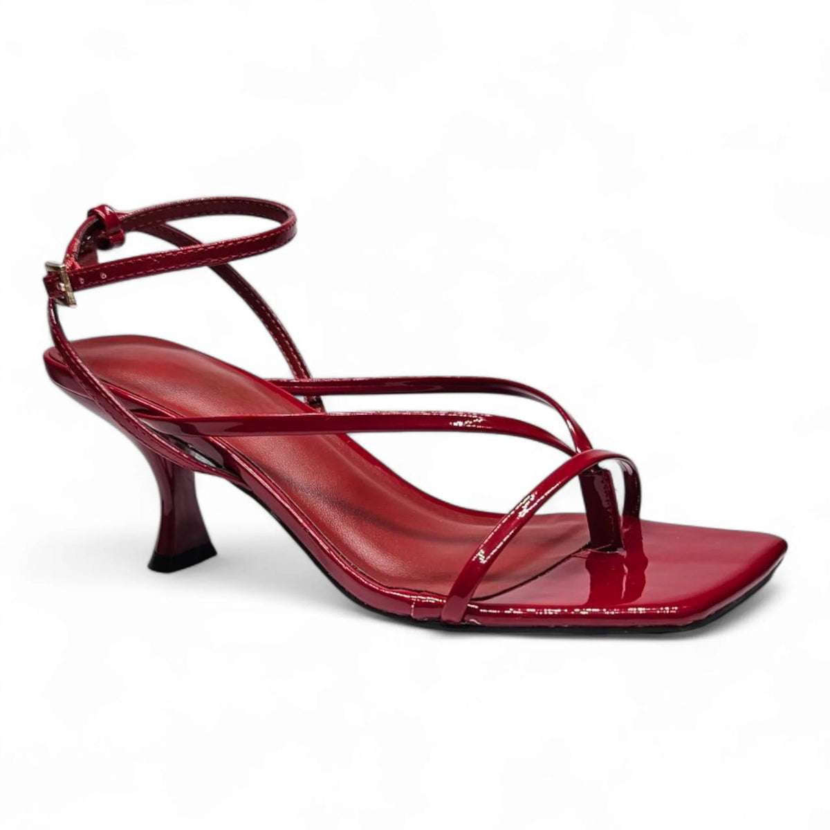 Red patent leather heeled sandal with align thong ankle strap and ankle strap kitten heel
