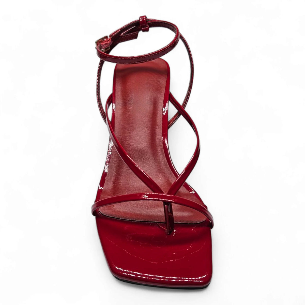 Red patent leather Align Thong Ankle sandal with strap and kitten heel for stylish wear
