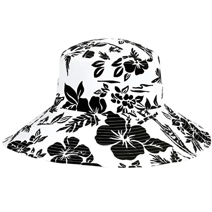 White sun hat with black floral pattern, featuring Aloha Print Flower design