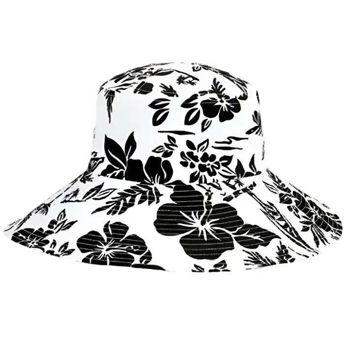 White sun hat with black floral pattern, featuring Aloha Print Flower design