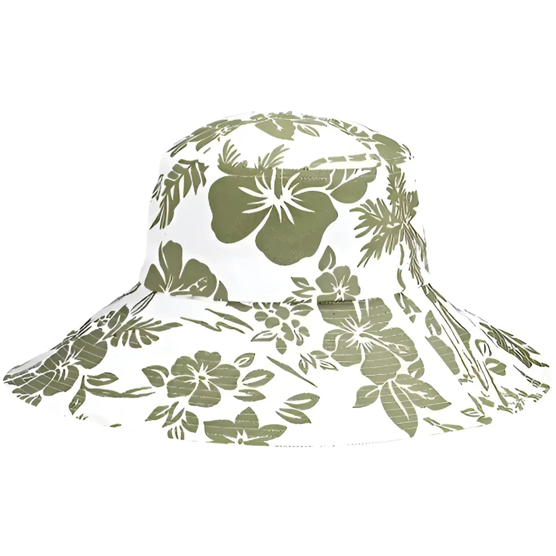 White bucket hat with green floral pattern, featuring Aloha Print Flower design