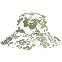 White bucket hat with green floral pattern, featuring Aloha Print Flower design