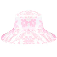 Aloha Print Flower Wide Brim Bucket Hat in pink floral design perfect for sunny days
