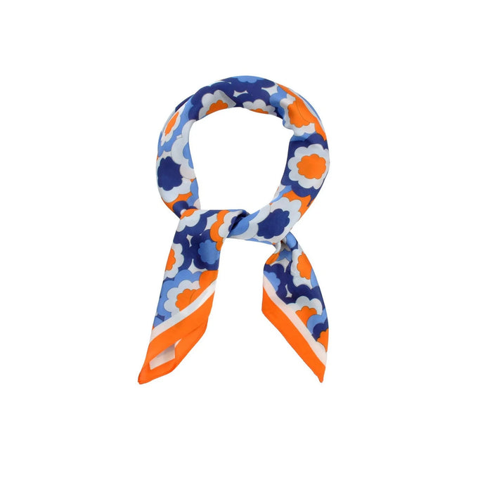 Colorful patterned neck scarf featuring an assorted flower pattern square design