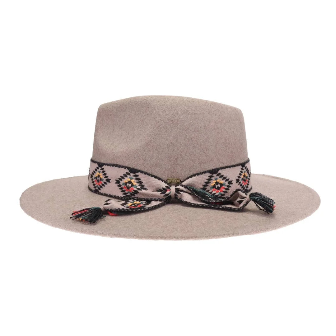 Aztec Trim Band Vegan Fabric C.C Panama Hat - Dark Taupe - FELT HAT
