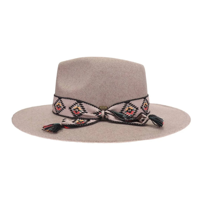 Aztec Trim Band Vegan Fabric C.C Panama Hat - Dark Taupe - FELT HAT