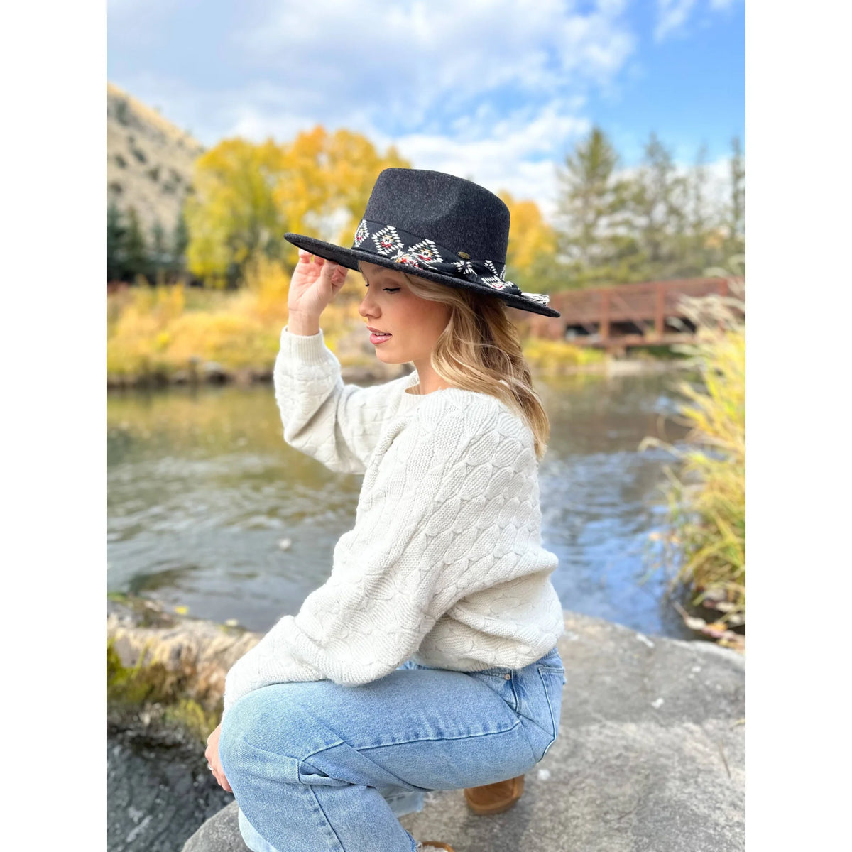 Aztec Trim Band Vegan Fabric C.C Panama Hat - FELT HAT