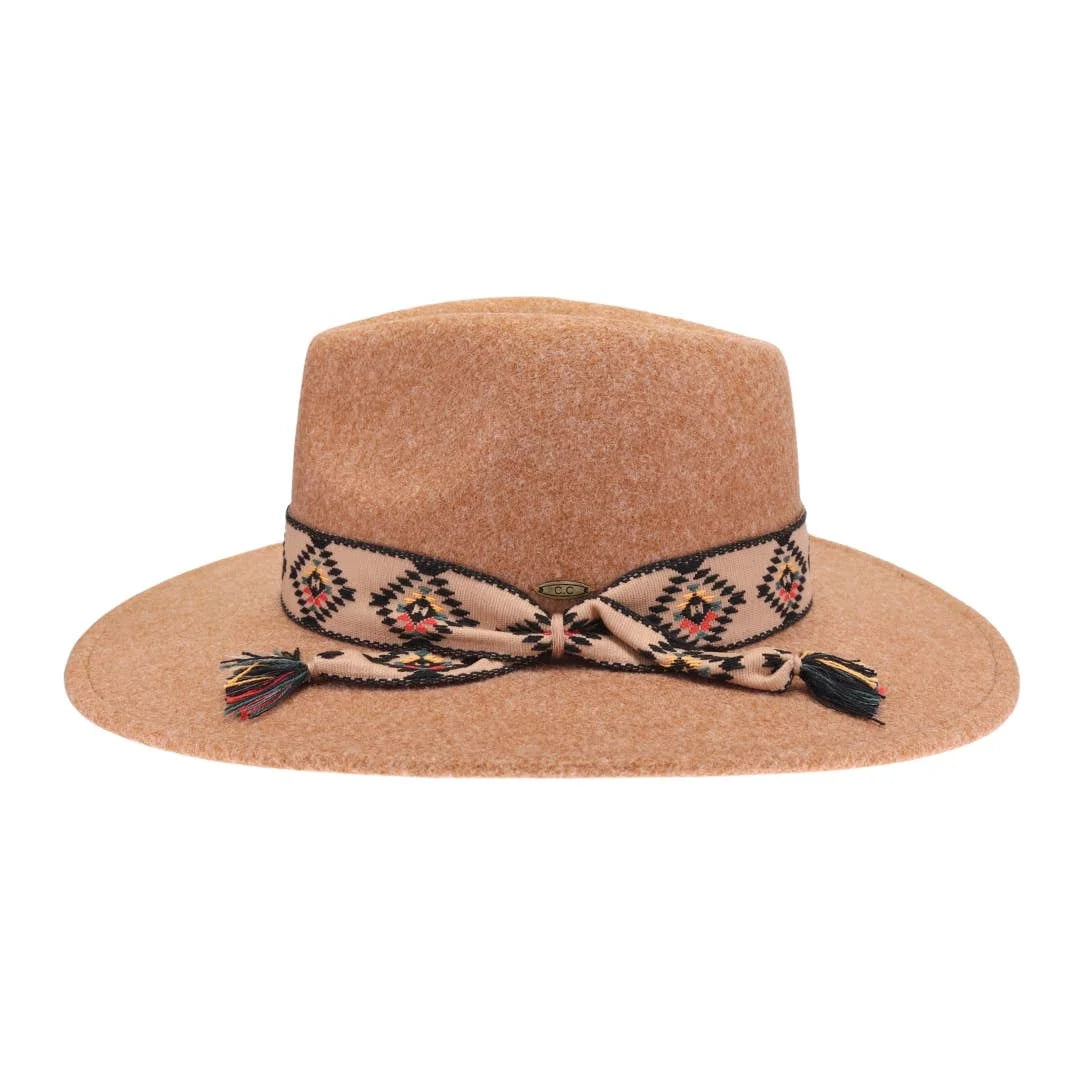 Aztec Trim Band Vegan Fabric C.C Panama Hat - Golden Camel - FELT HAT