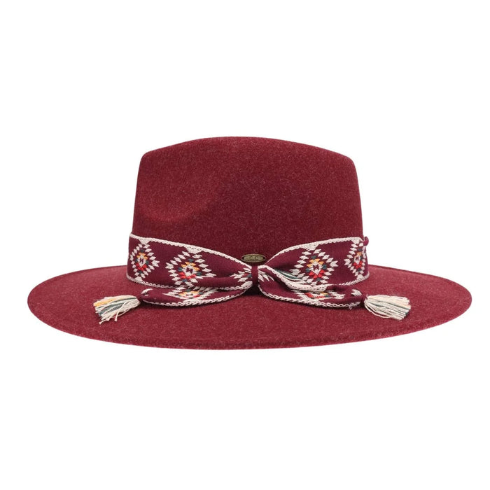 Aztec Trim Band Vegan Fabric C.C Panama Hat - Wine - FELT HAT