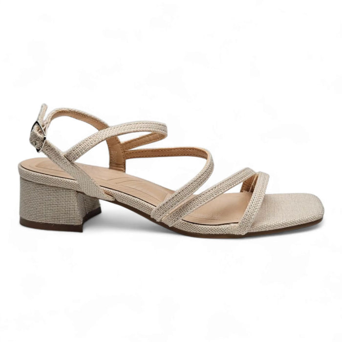 Beige Barry Low Block Strap Heel sandal with low block strap and block strap heel