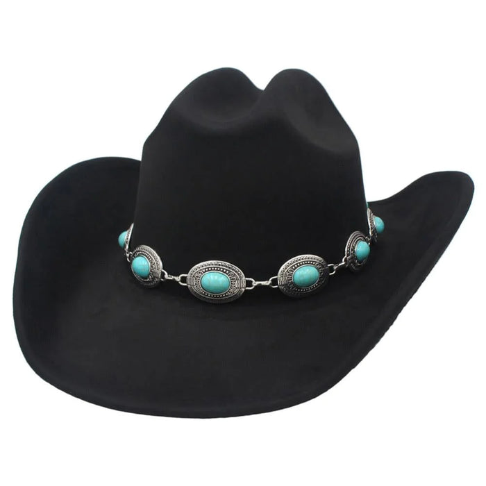Bohemian Cab Chain Band Microsuede Cowboy Hat - Black - FELT HAT