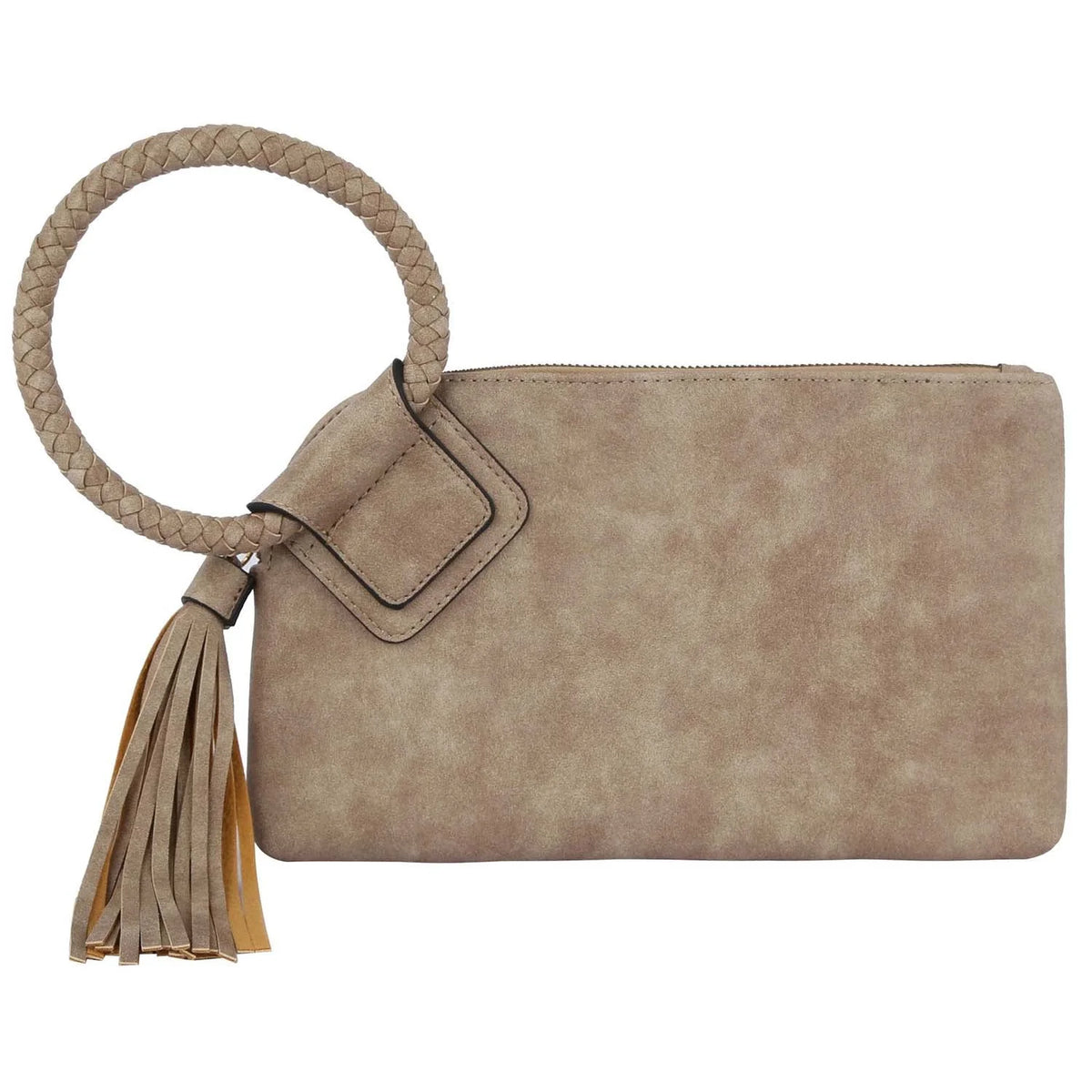 Boho Cuff Handle Tassel Wristlet Clutch - Stone - CLUTCH