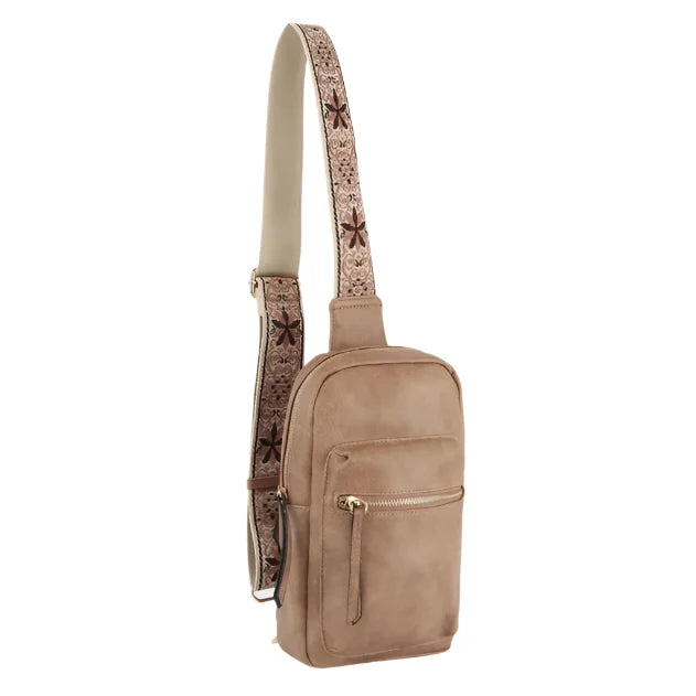 Taupe boho strap sling bag with floral strap for stylish casual wear