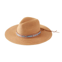 Tan woven straw sun hat featuring a stylish boho pattern band
