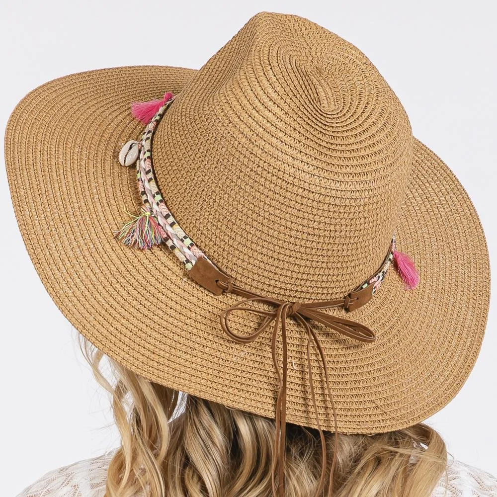 Boho Tassel Band Straw Sun Hat - Taupe - STRAW HAT