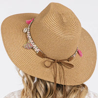 Boho Tassel Band Straw Sun Hat - Taupe - STRAW HAT