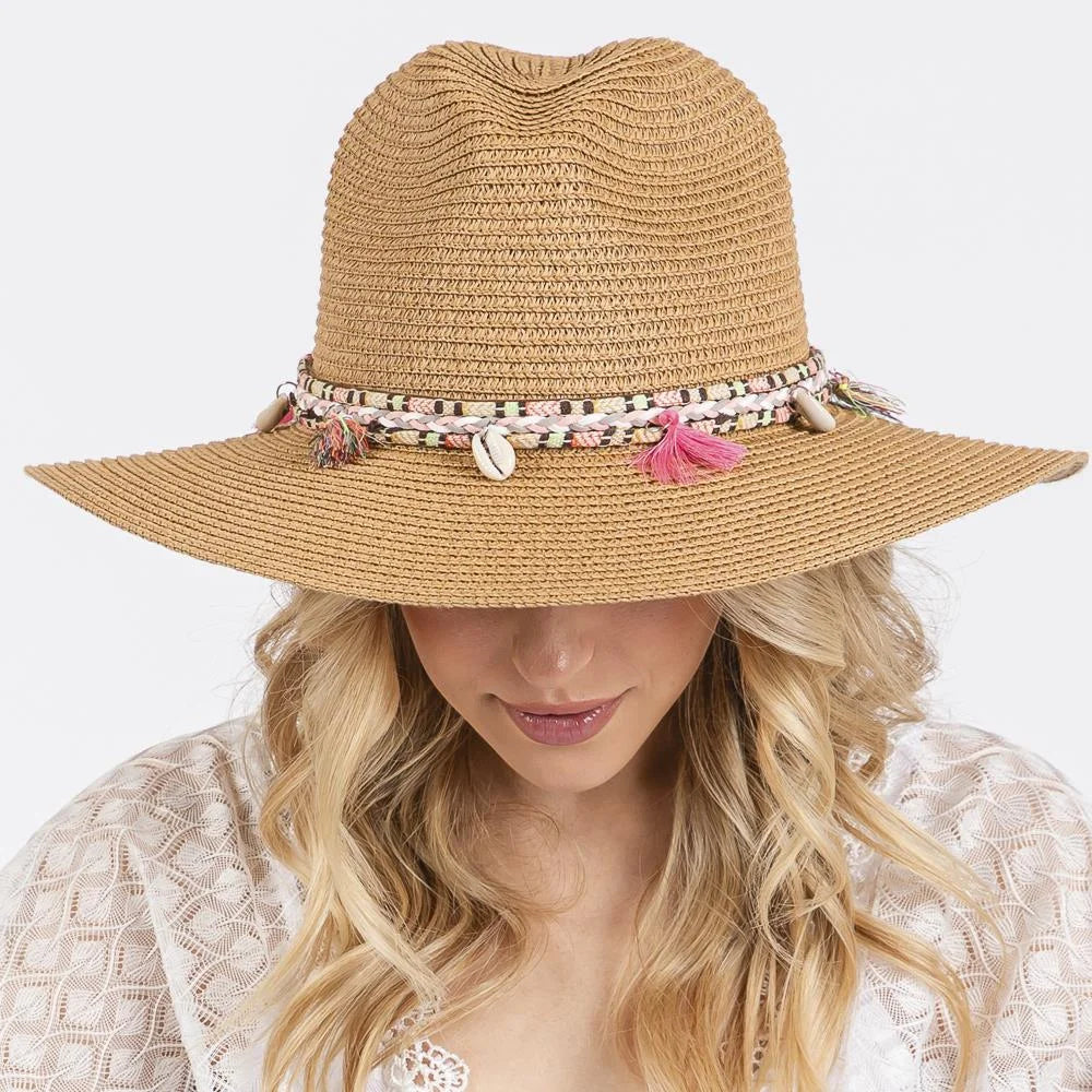 Boho Tassel Band Straw Sun Hat - Taupe - STRAW HAT