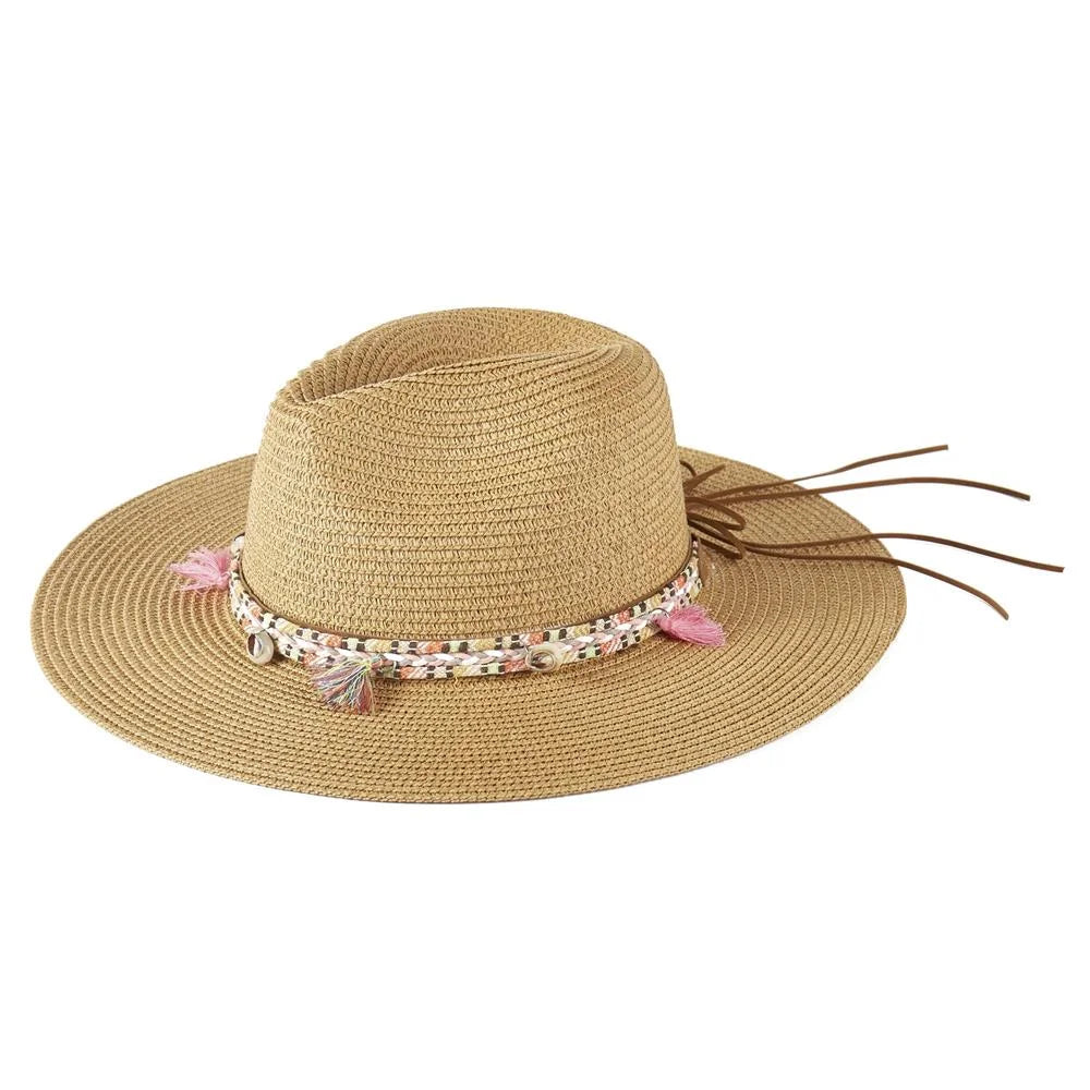 Boho Tassel Band Straw Sun Hat - Taupe - STRAW HAT