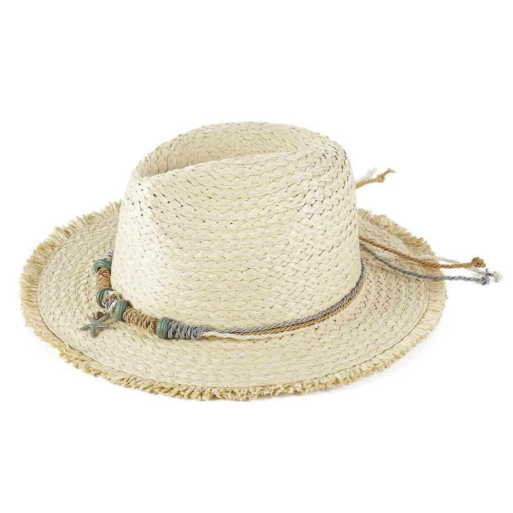 Woven straw sun hat with decorative braided starfish band for stylish sun protection