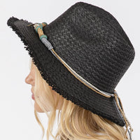 Black straw sun hat with decorative braided Starfish Band for stylish beach wear
