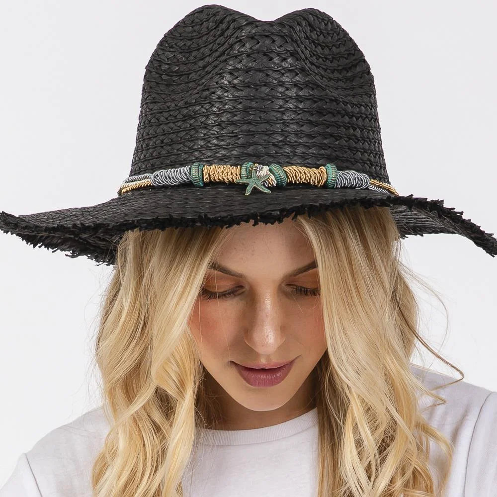 Black straw sun hat with braided starfish band for stylish beachwear
