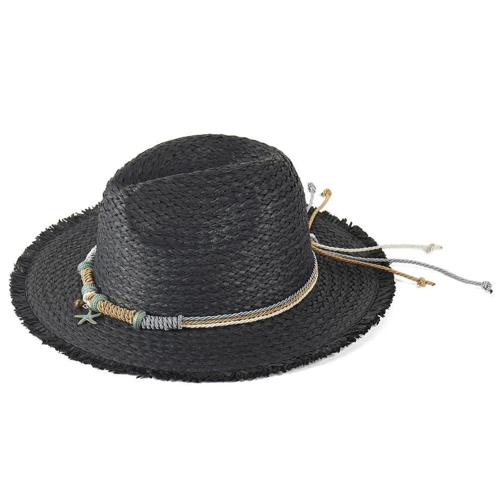 Black straw fedora with decorative braided starfish band for stylish sun protection
