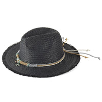 Black straw fedora with decorative braided starfish band for stylish sun protection